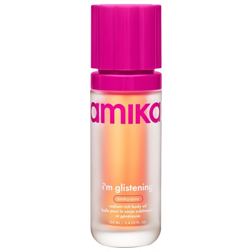 amika I'm Glistening Radiant Body Oil - Pink & Orange Bottle